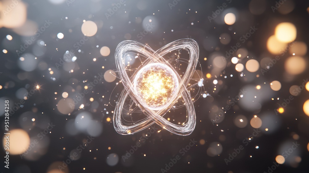 Poster bright and detailed 3d render of white atom model with orbiting electrons in high luminosity for phy