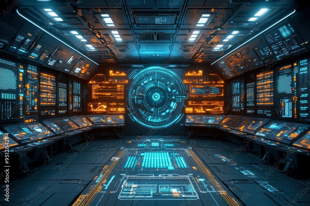 Poster futuristic spaceship bridge with glowing interfaces