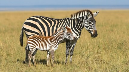 Fototapeta premium Zebra Mother and Foal Grazing in Serene African Ecosystem