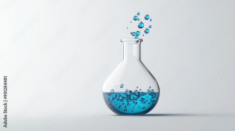 Poster clean and simple 3d render of laboratory flask with blue liquid for chemistry concept - high luminos