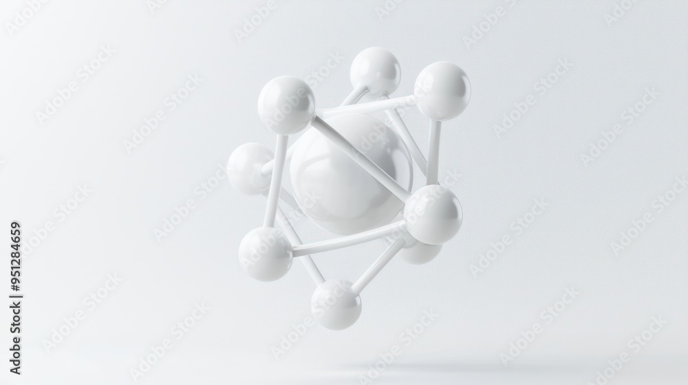 Poster illuminated white atom with orbiting electrons in minimalist 3d render - high luminosity and crisp d