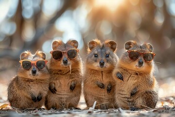 Group of quokka friends in sunglass shade glasses isolated on  bright background, created by ai