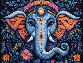 Vibrant elephant artwork featuring intricate patterns and colorful floral elements, perfect for decor or spiritual themes.