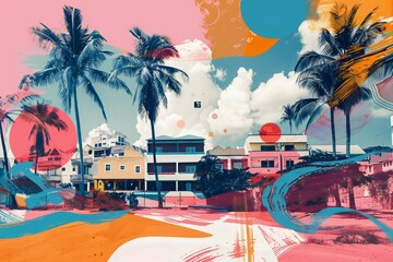 Trendy photo collage art of a tropical city with bustling harbors and vibrant graphic details, created by ai