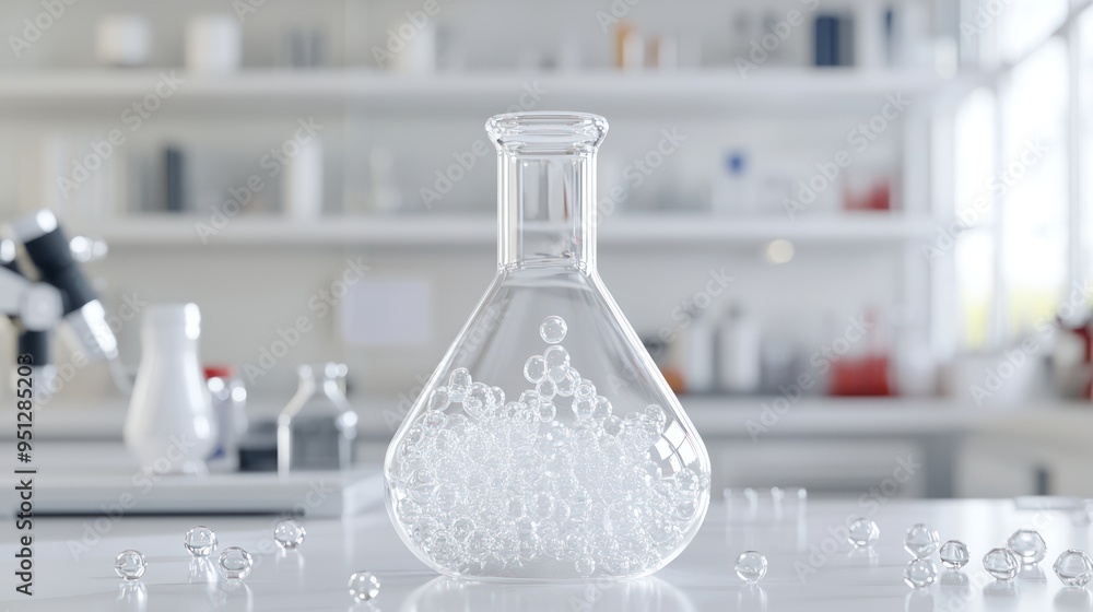 Aufkleber clean and minimalistic 3d render of white chemical flask with laboratory tools in high luminosity - 