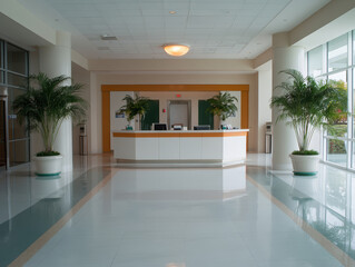 A hospital corridor with soft white walls, potted plants, and clean, glossy floors, brightly lit by overhead lights.