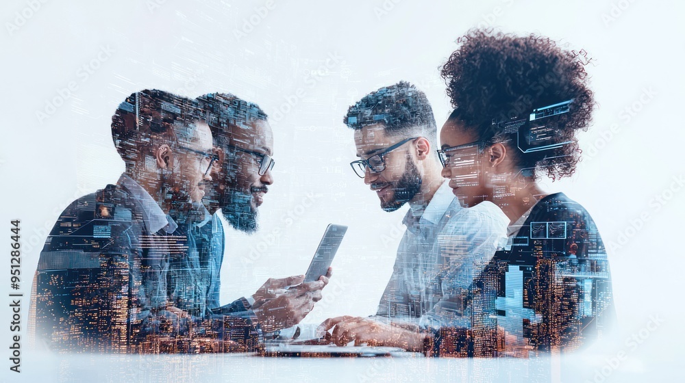 Aufkleber double exposure of diverse business team collaborating on digital projects with innovative strategie