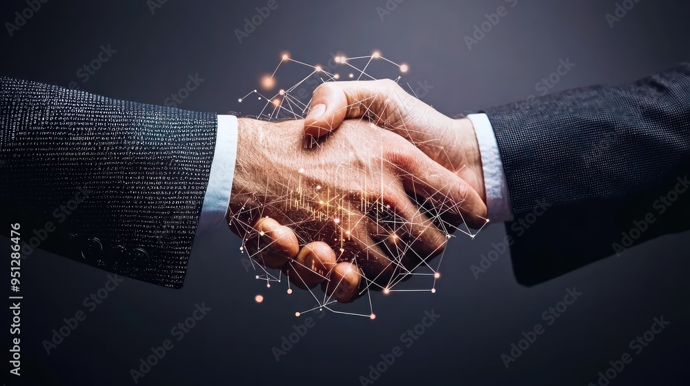 Aufkleber diverse executives shaking hands in double exposure with financial data overlay - building trust thr