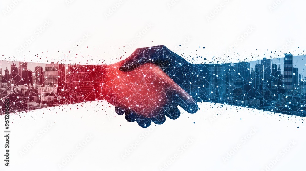 Poster building trust and connected teamwork: double exposure of conference group with digitized network an