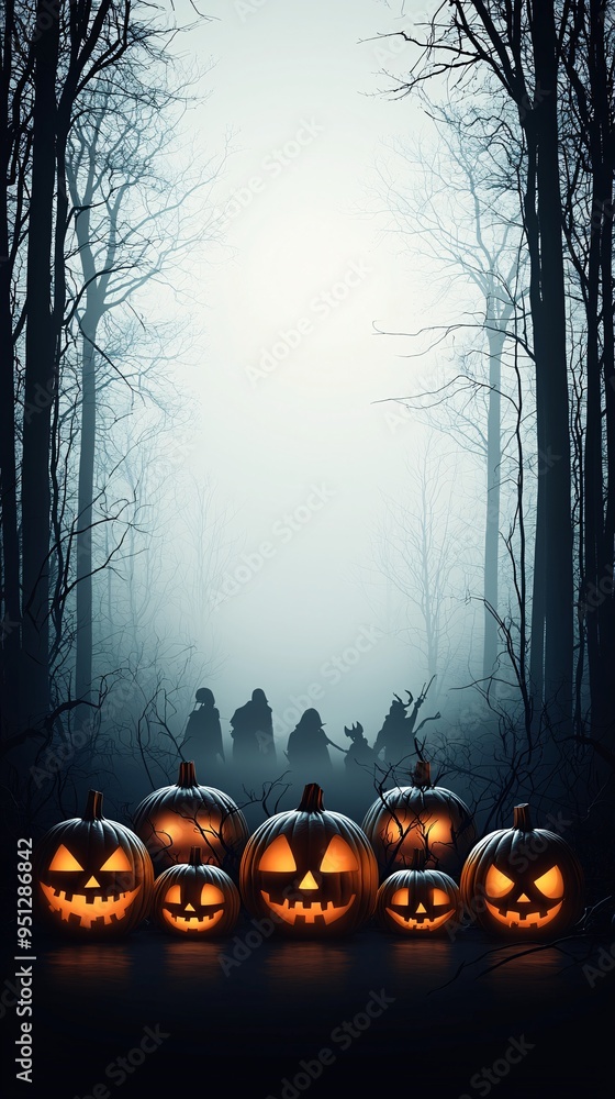 Poster a moonlit forest scene with shadowy figures lurking among the trees, surrounded by glowing jack-o'-l