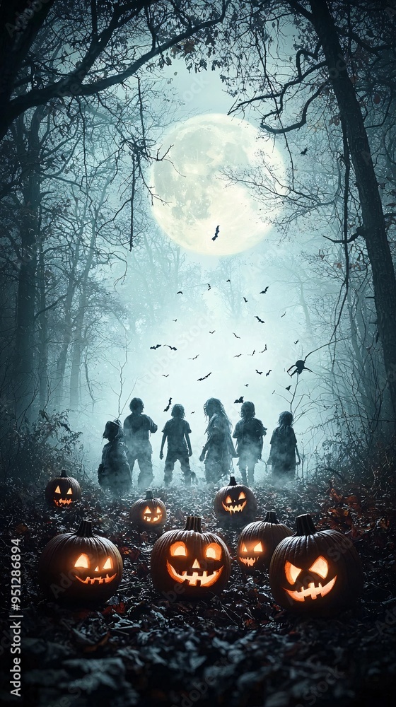 Poster a moonlit forest scene with shadowy figures lurking among the trees, surrounded by glowing jack-o'-l
