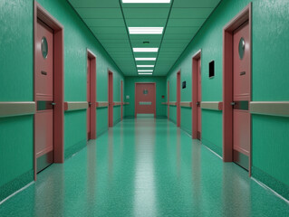 An empty hospital corridor with brightly colored pink doors, creating a sense of calm and cleanliness in the medical environment.