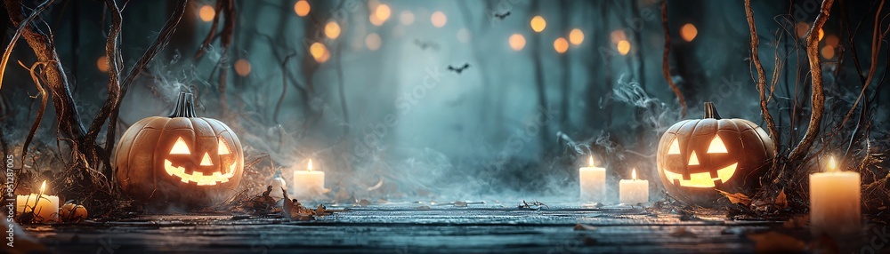 Poster a foggy forest path lit by jack-o'-lanterns and flickering candles, with twisted trees creating a my