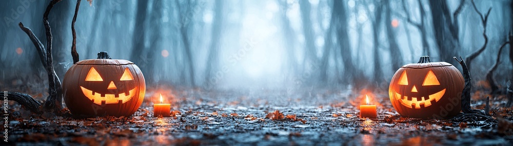 Poster a foggy forest path lit by jack-o'-lanterns and flickering candles, with twisted trees creating a my