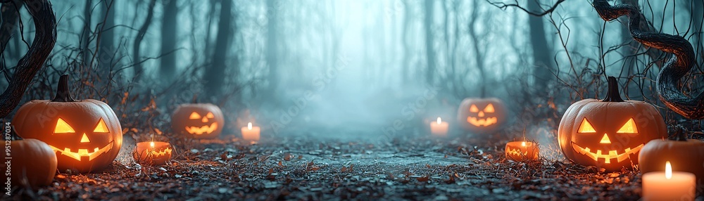Poster a foggy forest path lit by jack-o'-lanterns and flickering candles, with twisted trees creating a my