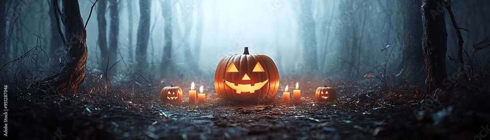 Poster a foggy forest path lit by jack-o'-lanterns and flickering candles, with twisted trees creating a my