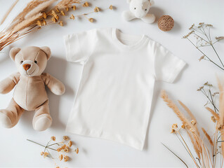a toddler sized white t-shirt mockup, flat lay T-shirt Mockup with a teddy bear theme background
