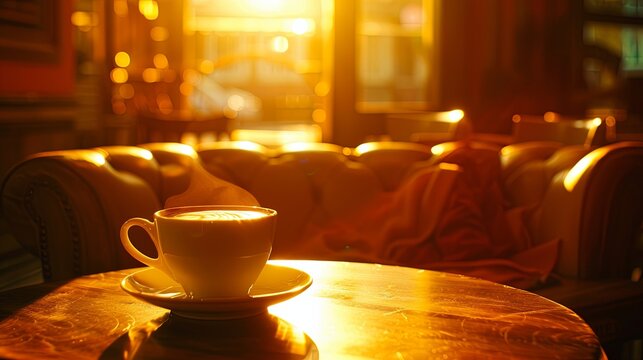 Serene Coffee Shop Oasis: Daydreaming Moments, Comfortable Sofa, Steaming Cup of Coffee, and the Melodies of Ambient Music