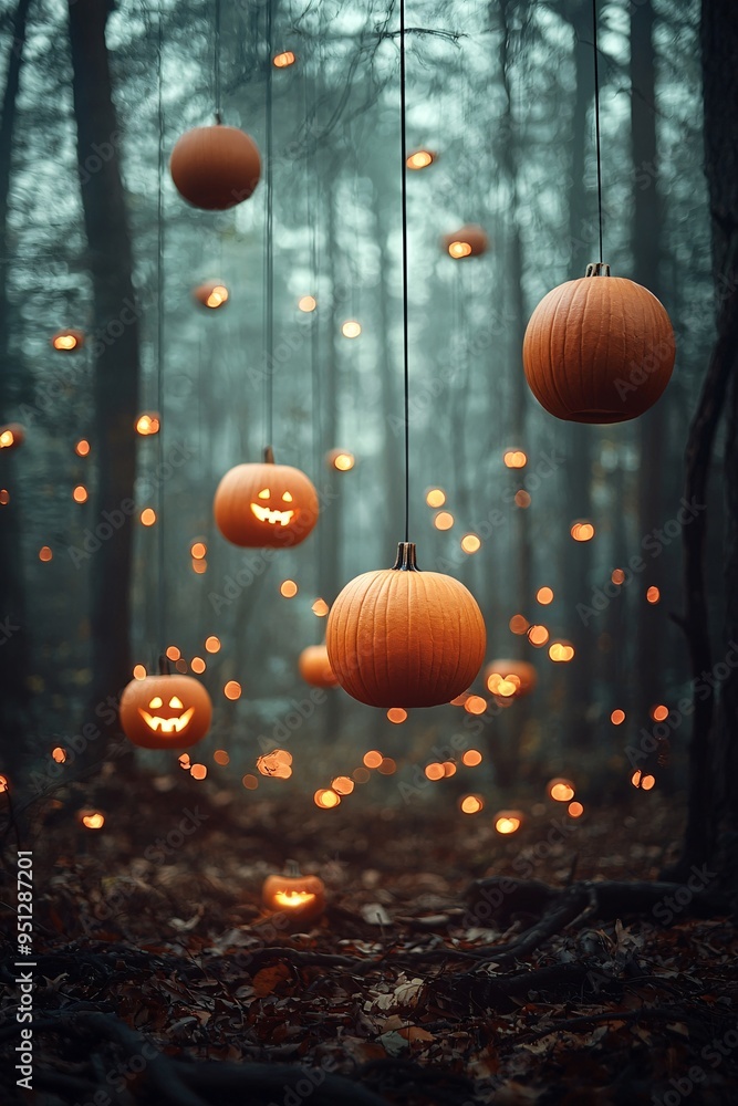 Poster a mystical halloween forest where glowing pumpkins and floating candles create a hauntingly beautifu