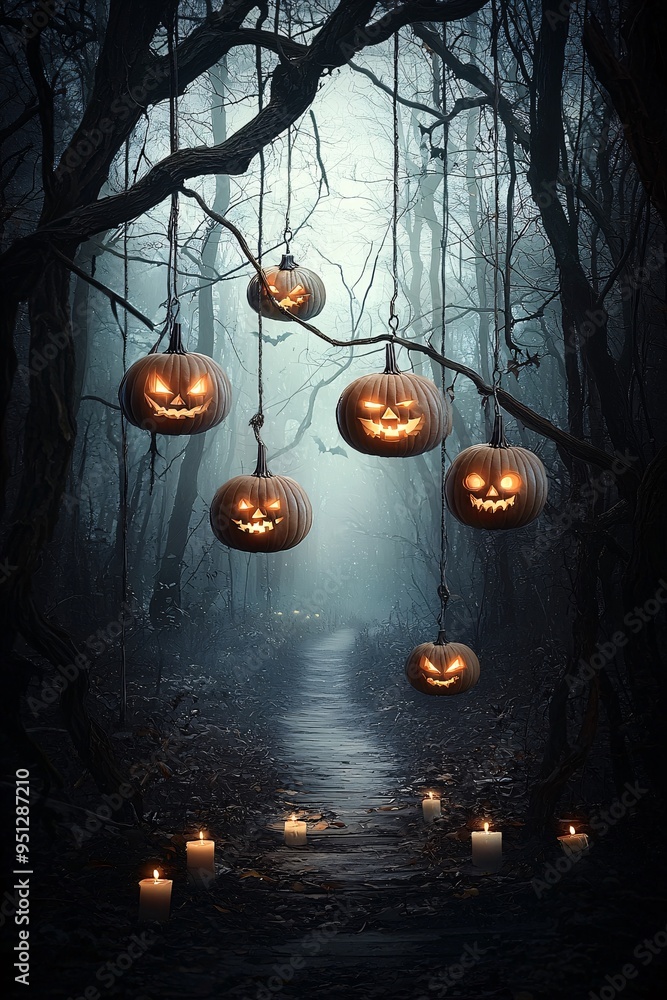 Poster A mystical Halloween forest where glowing pumpkins and floating candles create a hauntingly beautiful scene, with extensive copy space for additional elements.