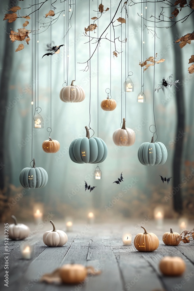 Poster a mystical halloween forest where glowing pumpkins and floating candles create a hauntingly beautifu