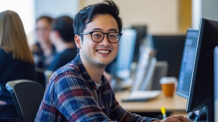 Asian professionals in a tech startup environment, working on computers and prototypes with enthusiasm and innovative spirit