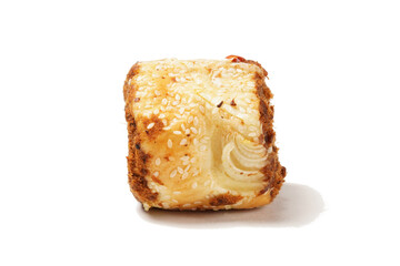 A soft and savory rolled bread topped with shredded beef or chicken floss (floss roll bread), photographed against a white background. Perfect as a snack.