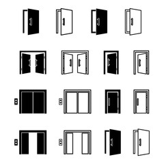 Icon sets of house doors and windows, corners, furniture, people elevator icons, exits and entrances. Simple modern design. Vector illustration of lines and silhouettes