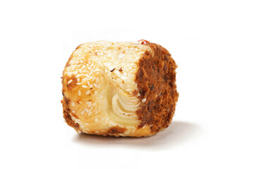 A soft and savory rolled bread topped with shredded beef or chicken floss (floss roll bread), photographed against a white background. Perfect as a snack.