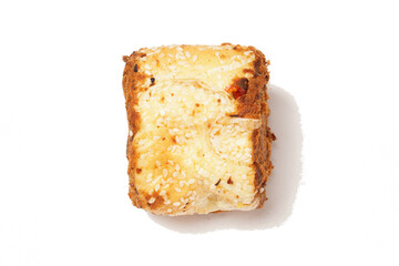 A soft and savory rolled bread topped with shredded beef or chicken floss (floss roll bread), photographed against a white background. Perfect as a snack.