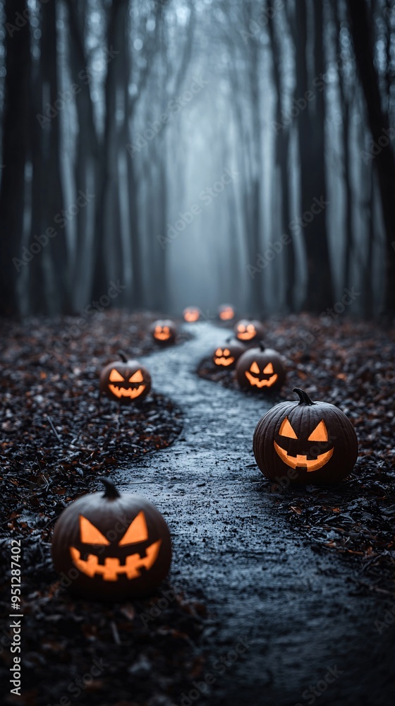 Poster A winding path through a dense forest, lined with glowing jack-o'-lanterns and shadowy figures lurking among the trees, creating a hauntingly magical Halloween scene with plenty of copy space.