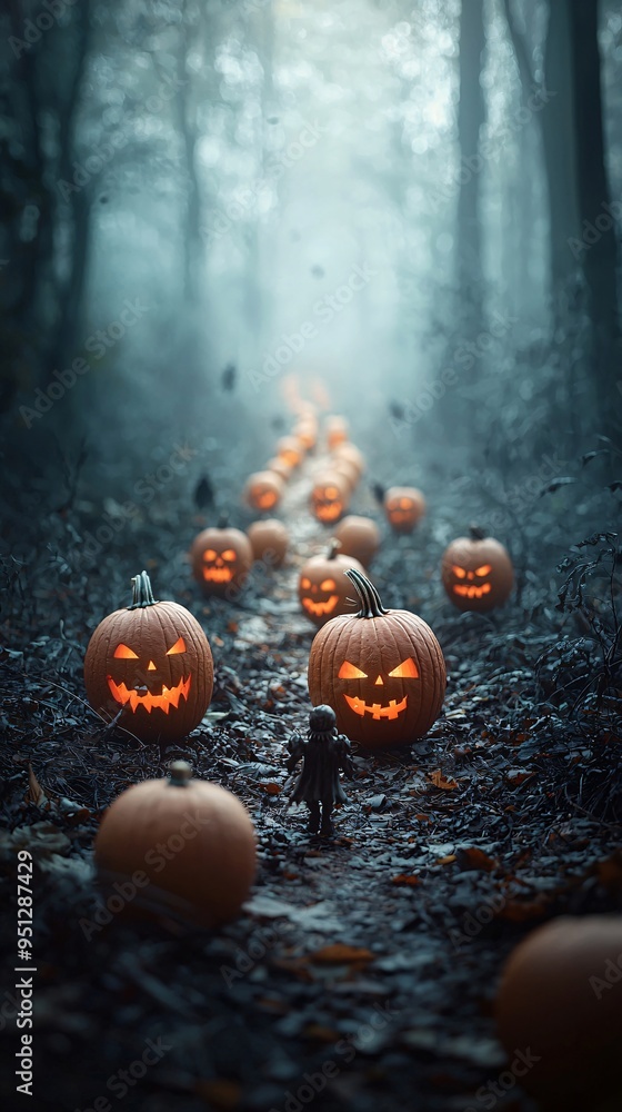 Poster A winding path through a dense forest, lined with glowing jack-o'-lanterns and shadowy figures lurking among the trees, creating a hauntingly magical Halloween scene with plenty of copy space.