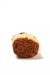 A soft and savory rolled bread topped with shredded beef or chicken floss (floss roll bread), photographed against a white background. Perfect as a snack.