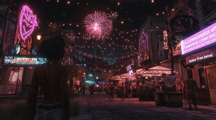 Vibrant Nightlife in the Heart of the City with Fireworks Celebration