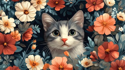 A charming gray cat peering through vibrant flowers, capturing a whimsical and serene moment in nature.
