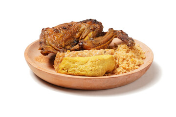 A plate of savory dishes including sweet grilled chicken with a dark brown color, fried tofu and tempeh, and crispy crumbs, served on a wooden plate against a white background.