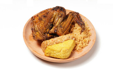 A plate of savory dishes including sweet grilled chicken with a dark brown color, fried tofu and tempeh, and crispy crumbs, served on a wooden plate against a white background.
