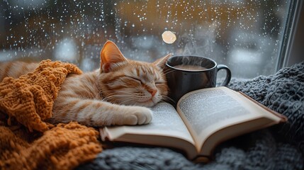Cozy Nap Time with Cat on Rainy Window Seat,Open Book and Steamy Coffee Mug