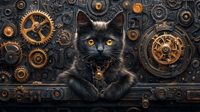 A mysterious black cat adorned with a golden collar, surrounded by intricate steampunk gears and mechanisms.