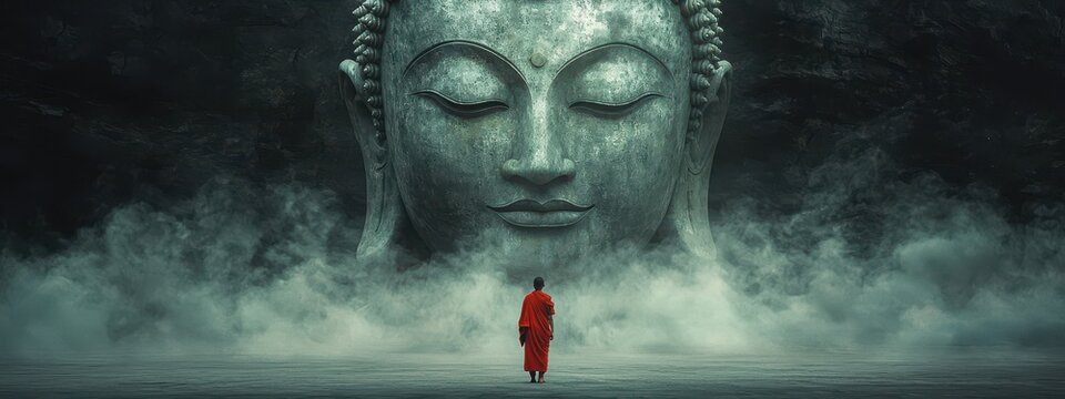 A monk stands in front of a large statue of a buddha face. The statue is surrounded by a misty atmosphere, giving the scene a mysterious and spiritual feel