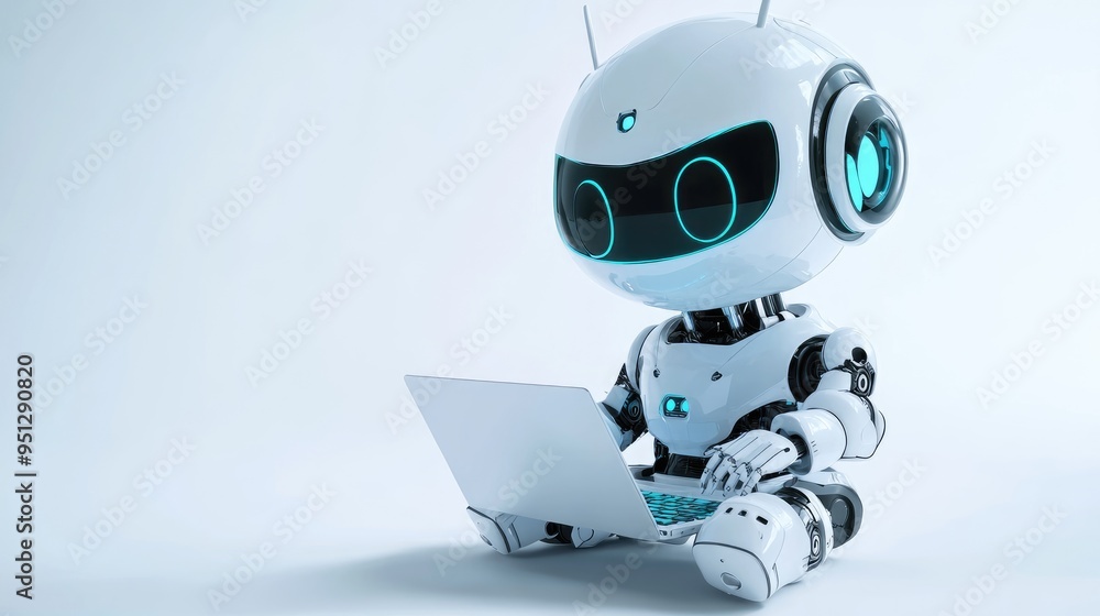 Poster a friendly humanoid robot using a laptop, symbolizing advanced ai technology with a playful and ende