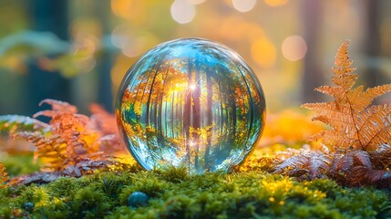 Enchanting Crystal Globe Reflecting Vibrant Forest Scene with Soft Rainbow Prisms