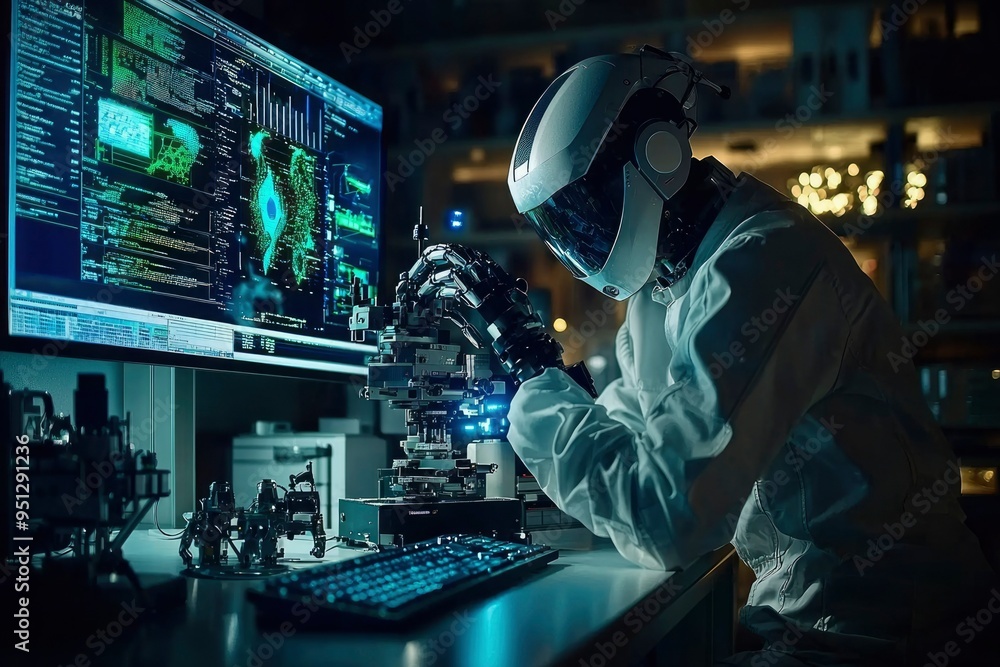 Poster a cyborg scientist working on a high-tech project in a laboratory