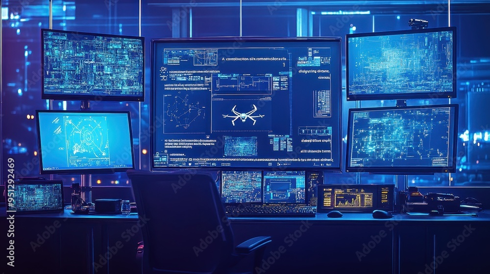 Poster futuristic control room: advanced technology and data visualization