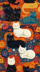 Colorful fabric design featuring playful cats amid vibrant floral patterns, perfect for craft projects and textile applications.