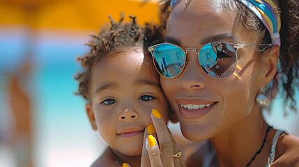 A mother carefully applying sunscreen to her child's face, focusing on covering the nose and cheeks