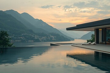 Modern House with Infinity Pool Overlooking Mountains and Lake at Sunset
