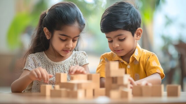 A charming image of two young Indian siblings focused on constructing buildings with wooden blocks. The playful and educational setting makes this image perfect for use in educational materials, paren