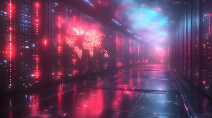 Fototapeta premium Futuristic Data Center Topology with Pulsing Cryptocurrency Mining Rigs and IoT Cloud Visualization