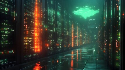 Pulsing Cryptocurrency Mining Rigs in Futuristic Data Center Landscape with Streaming IoT Cloud and Aurora Borealis Visualization